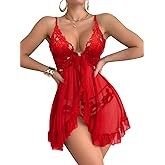 Foxiny Sexy Front Closure V Neck Ruffle Mesh Embroidered Floral Lace Sheer Babydoll Lingerie Dress with Thong 2 Piece