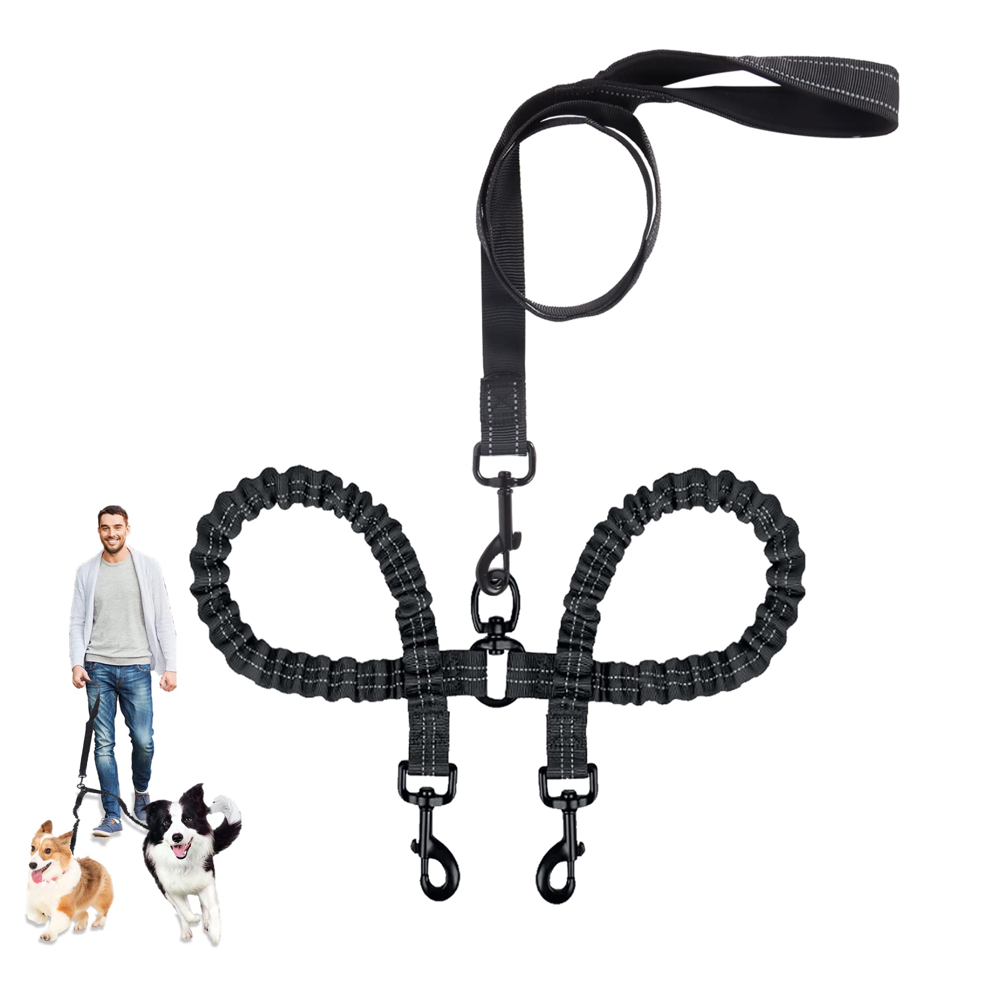 Double-Ended Dog Leash, Reflective Double Dog Lead, 360°Swivel Pet Coupler Lead for Puppy Walks… Black