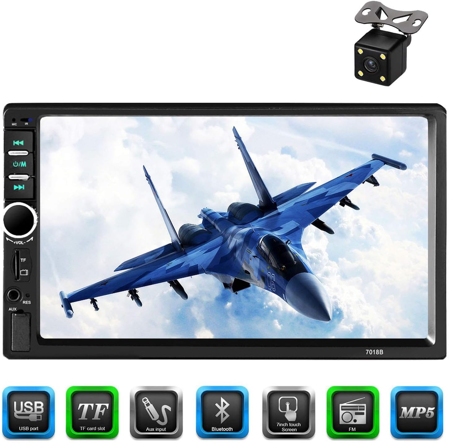 Carlike Car Stereo Receiver,7 inch Universal Double Din with Touchscreen, Bluetooth, Rear View Camera, in-Dash MP5/USB/SD/FM Radio with Digital LCD Monitor, Wireless Remote, Multi Color Illumination