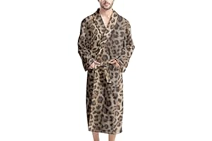 Howilath Brown Leopard Print Mens Robe Plush Gowns Fleece Loungewear Towelling Robe Wrap Nightwear Full Length Housecoat