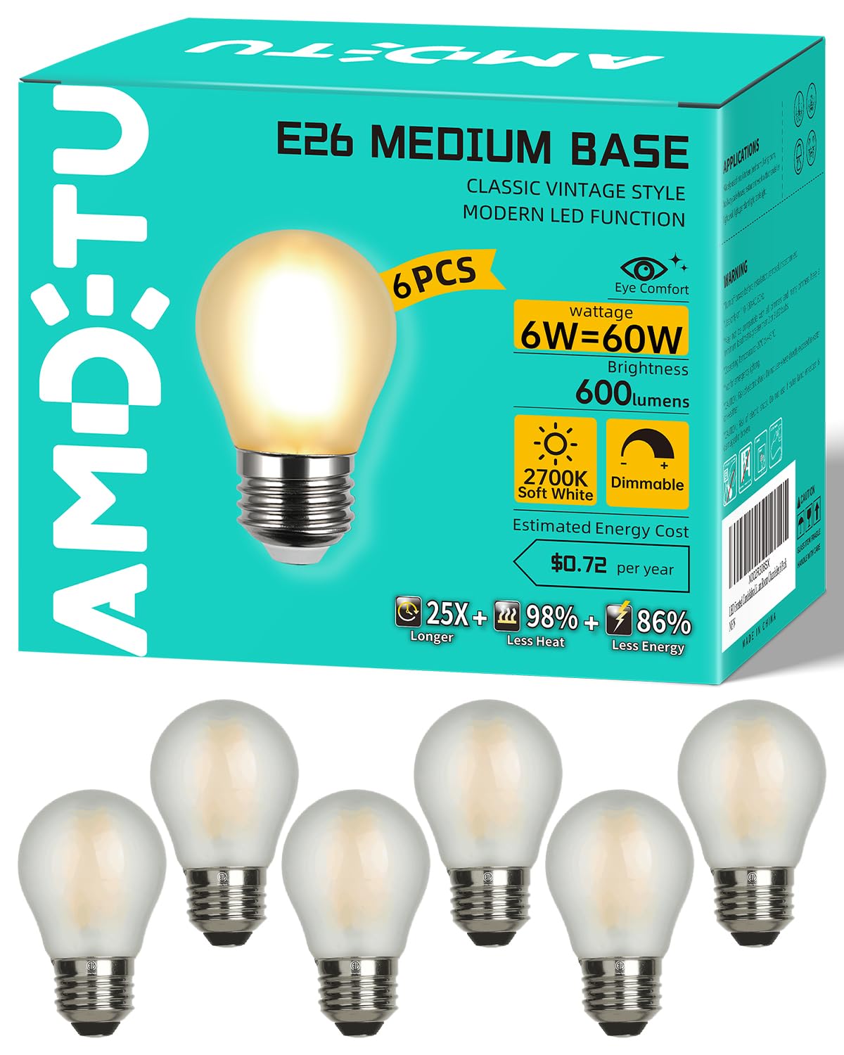 Photo 1 of Vintage Edison LED Short Bulb 60W E26 Standard Base Dimmable G45 Small Globe 2700K Soft White 60watt Round Light Bulb Ideal for Home Lighting Fixtures Create Cozy Ambiance in Living Rooms and Bedrooms