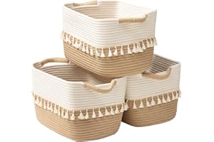 TeoKJ Woven Storage Bin Set of 3, Cotton Rope Basket for Storage, Clothes Boho Basket Bin for Organizing, Fabric Basket for Books, Plants, Pet Treats, White & Jute
