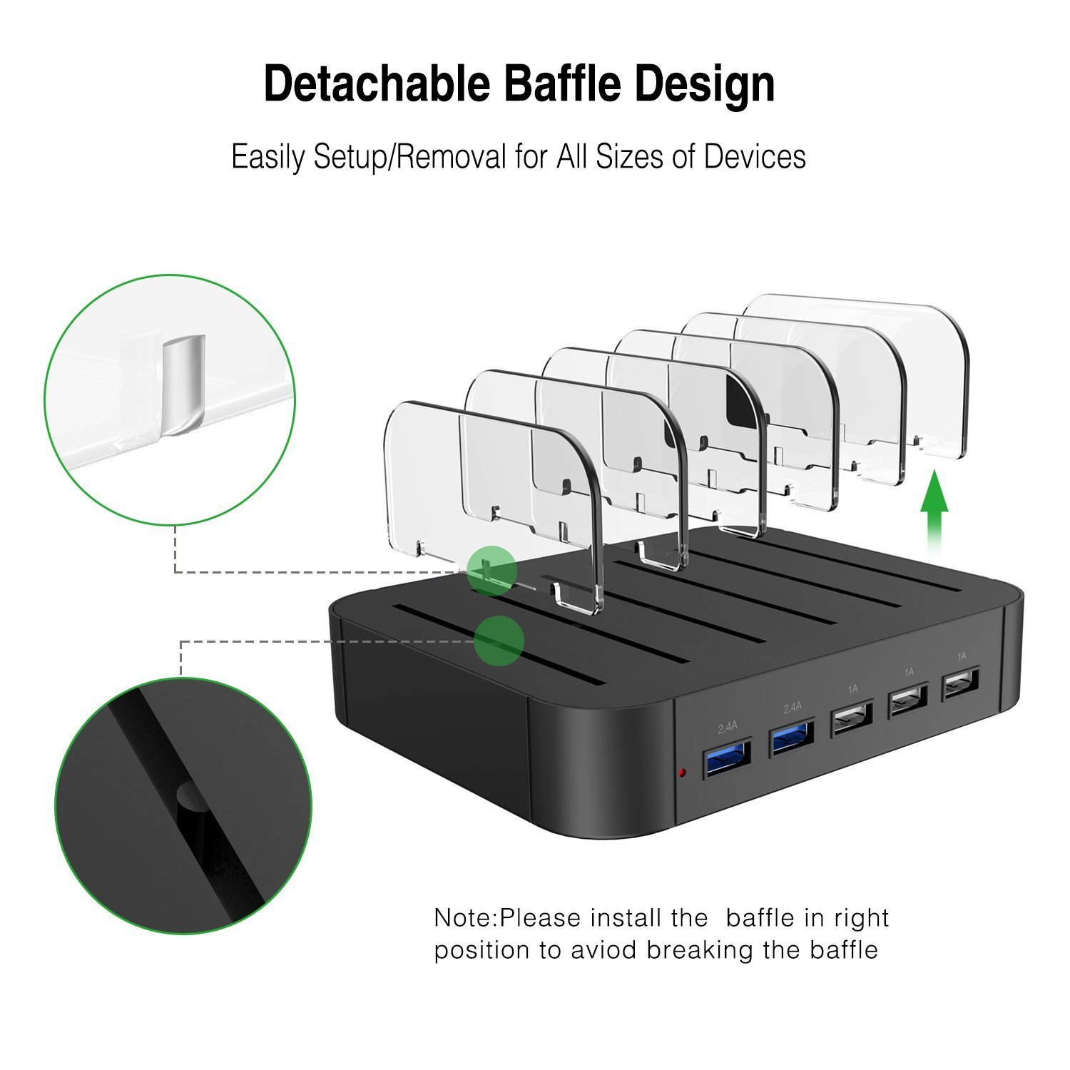 LENPOW 5-Port USB Charging Station Dock Organizer 30W/Max 2.4A Detachable Universal USB Charger Multi devices Desktop charging Stand, iSmart Tech, Innovative Removable Baffles for iPhone iPad Tablets