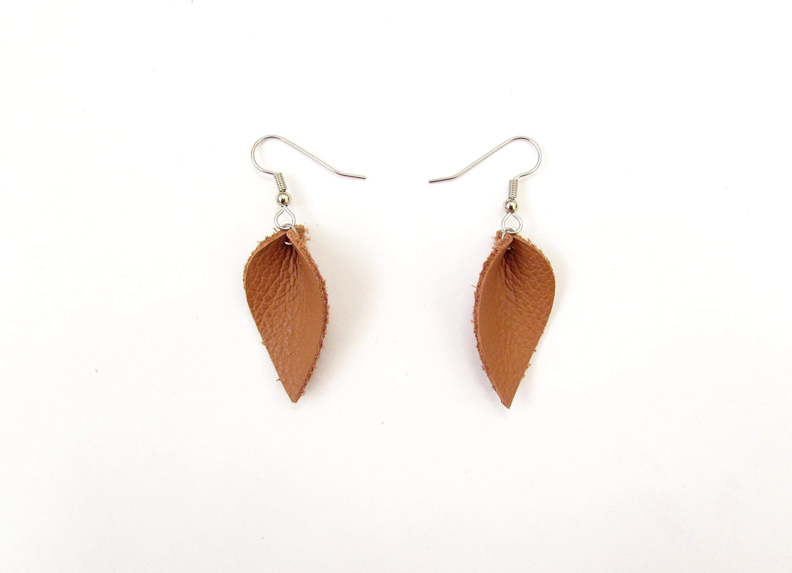 Tan Leather Petal Earrings, Small teardrop