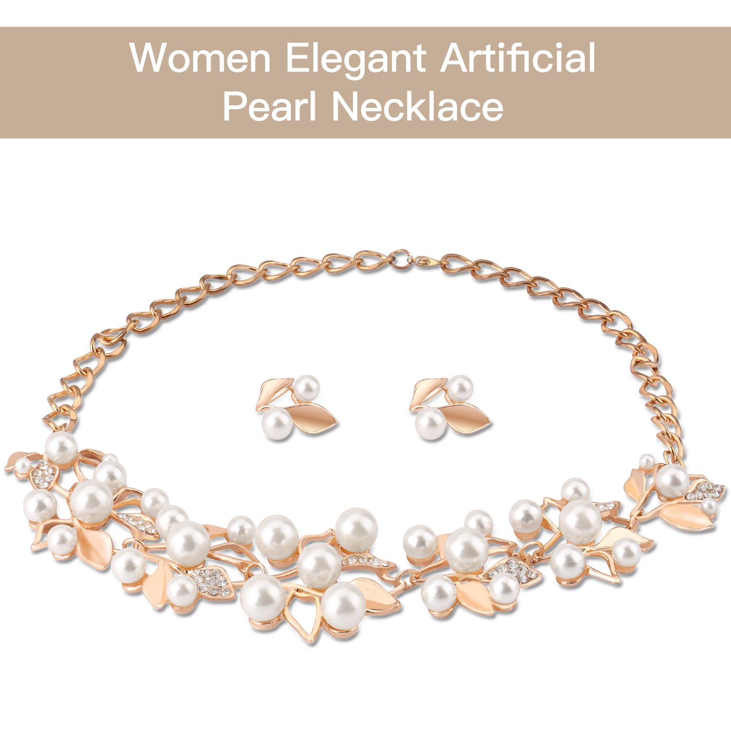 UHIBROS Gold Rhinestone Crystal Pearl Necklace Earrings Stub Alloy Jewelry Set