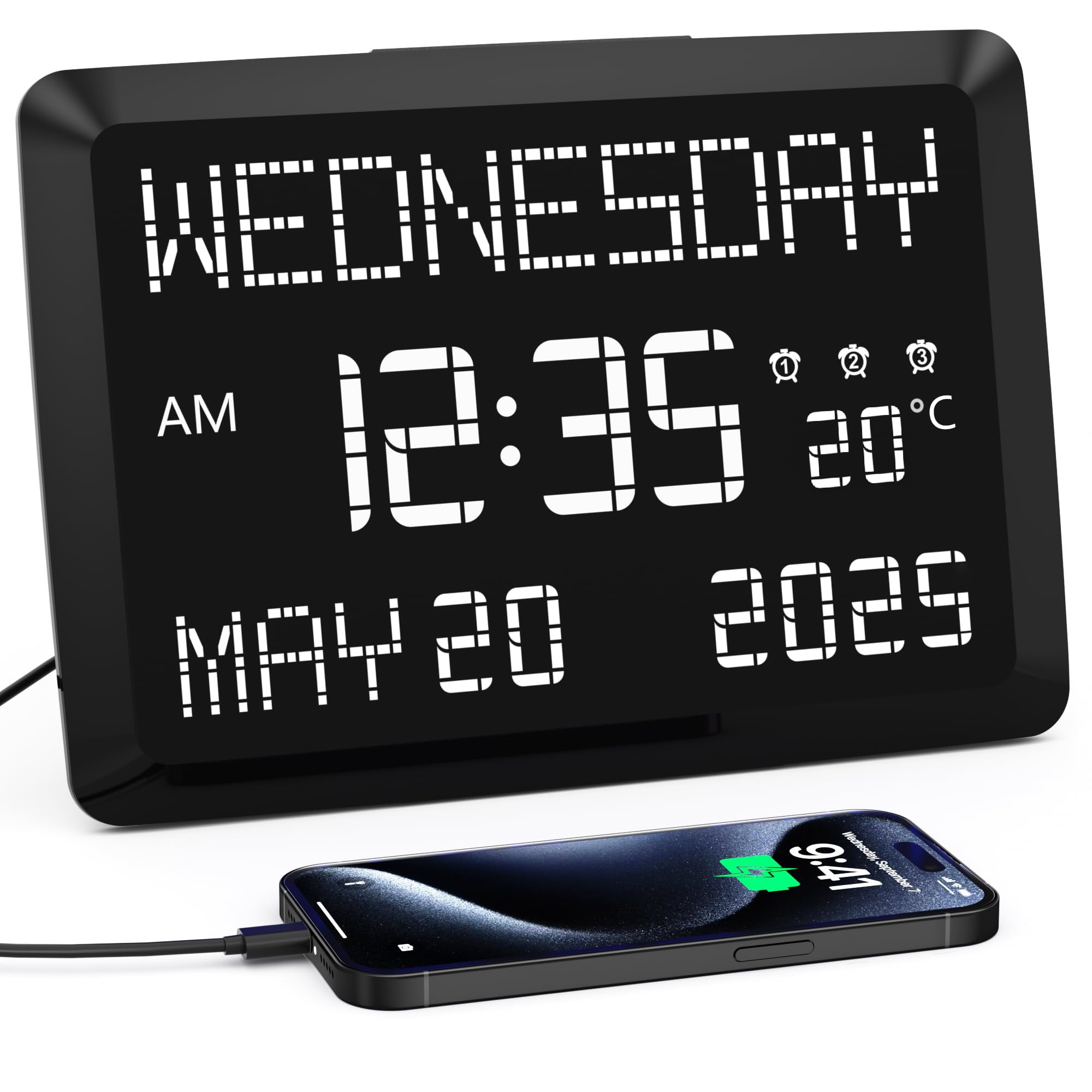 Mesqool Dementia Clock with Date and Day, 11.5” Extra Large Digital Calendar Clock for Elderly with Clear Temperature Display, Plug In Alarm Clock, 5 Dimmer, USB Chargers, Desk and Wall Clock