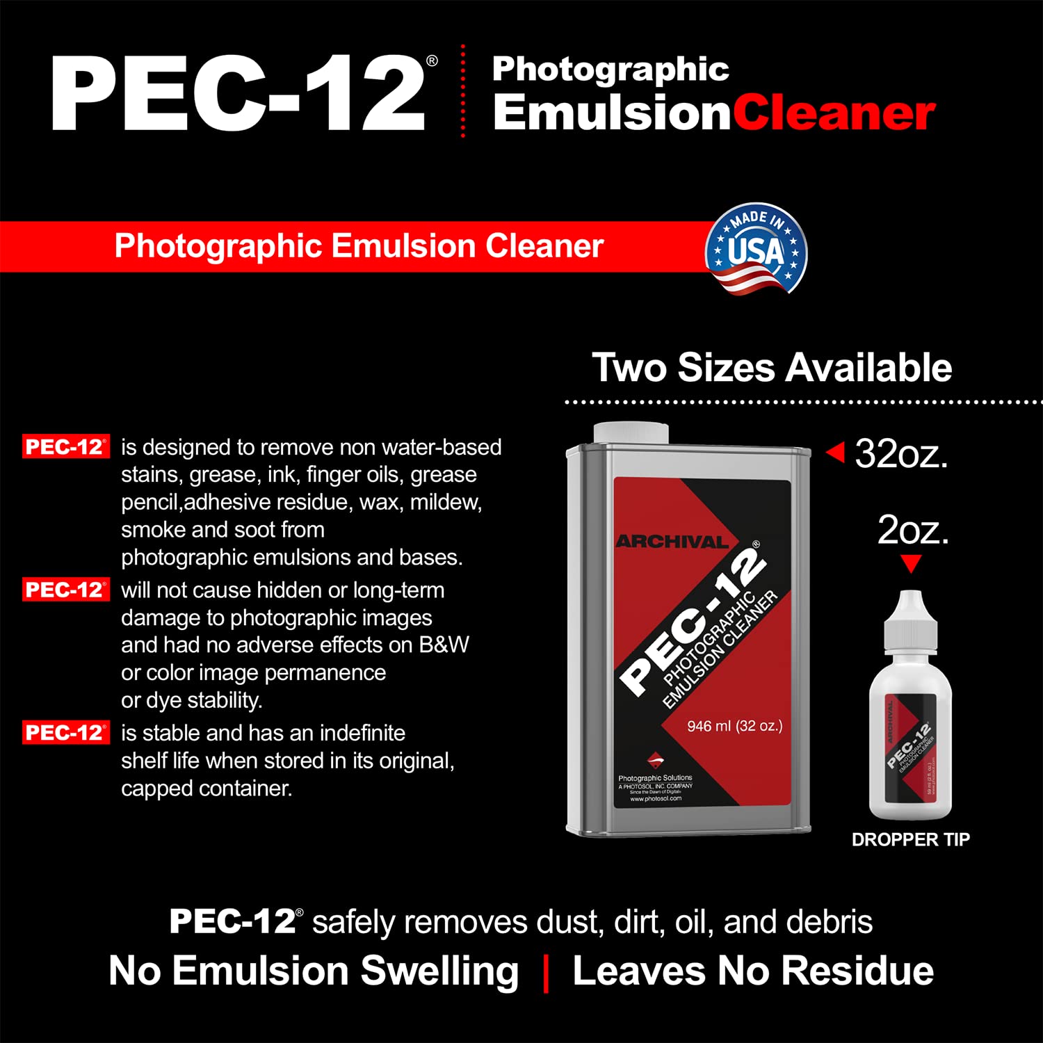PEC-12 Photographic Emulsion Cleaner - Fluid for Removal of Non-Water Based Stain, Grease & Ink from Emulsions and Bases - Photographers Choice for Cleaning 35mm Film, Photo Negative, B&W Slide with Dropper Tip
