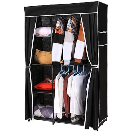 Homdox Double Canvas Wardrobe Cupboard Clothes Hanging Rail Storage Shelves Bedroom Furniture Storage Organizer With Curtain Black