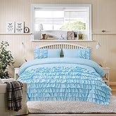 Holawakaka Light Blue Waterfall Ruffle Comforter Set Twin Size Multi-Layers Ruffled Shabby Chic 3PCS Bedding Set for Girls Women