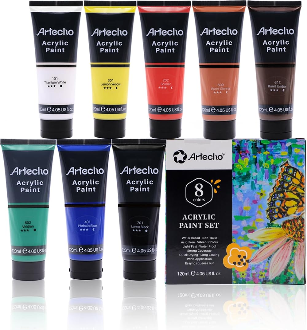 Artecho Professional Acrylic Paint Set 8 Primary Colors 120ml Tubes