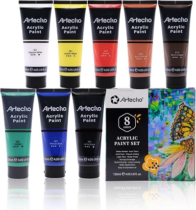 Artecho Professional Acrylic Paint Set 8 Primary Colors 120ml Tubes