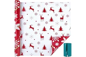 Reversible Christmas Wrapping Paper with Papers Cutter, 17 Inch x 33 Feet Vintage Holiday Gift Wrap Paper - Red, Tree, Snowfl
