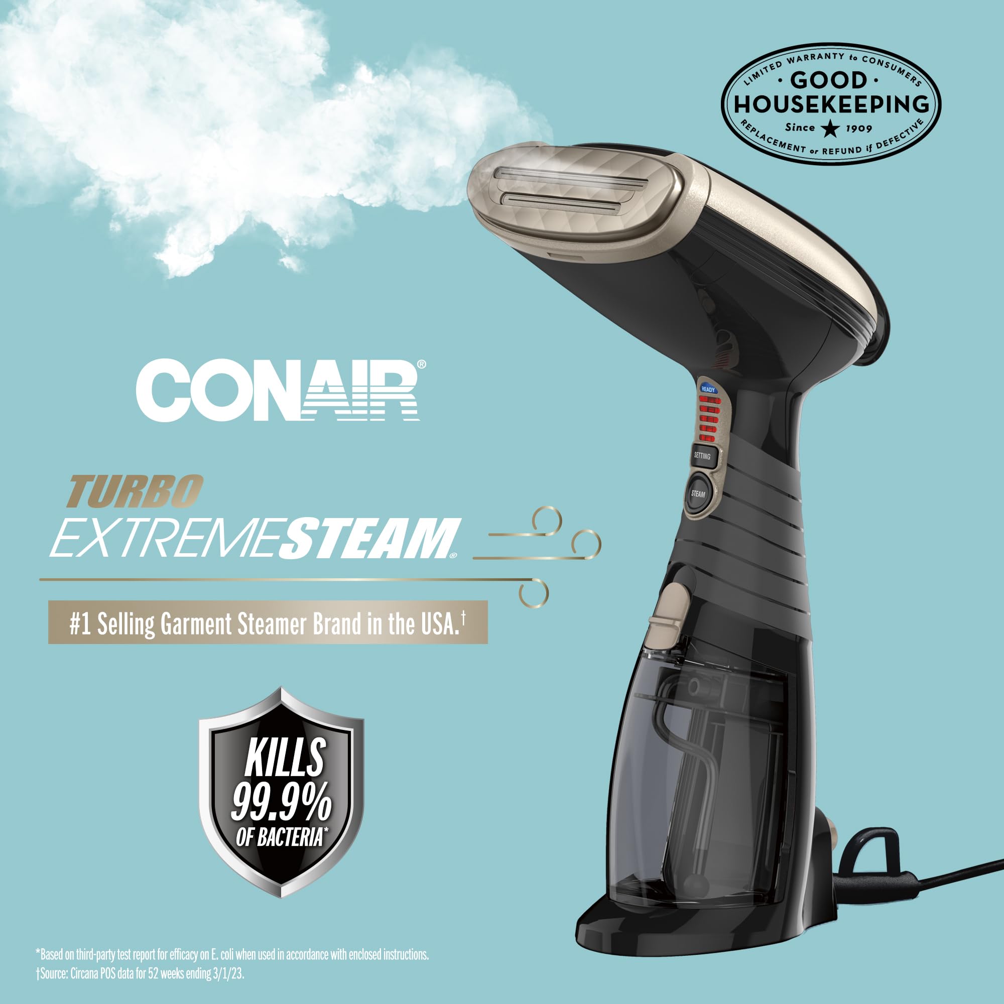 Conair Handheld Garment Steamer for Clothes, Turbo ExtremeSteam 1875W Fabric Steamer, Portable Handheld Design, Strong Penetrating Steam, Amazon Exclusive, Black