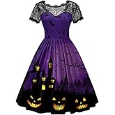 ALIREVERIE Women Halloween Party Costume Vintage Swing Lace Short Sleeve Witch Dress