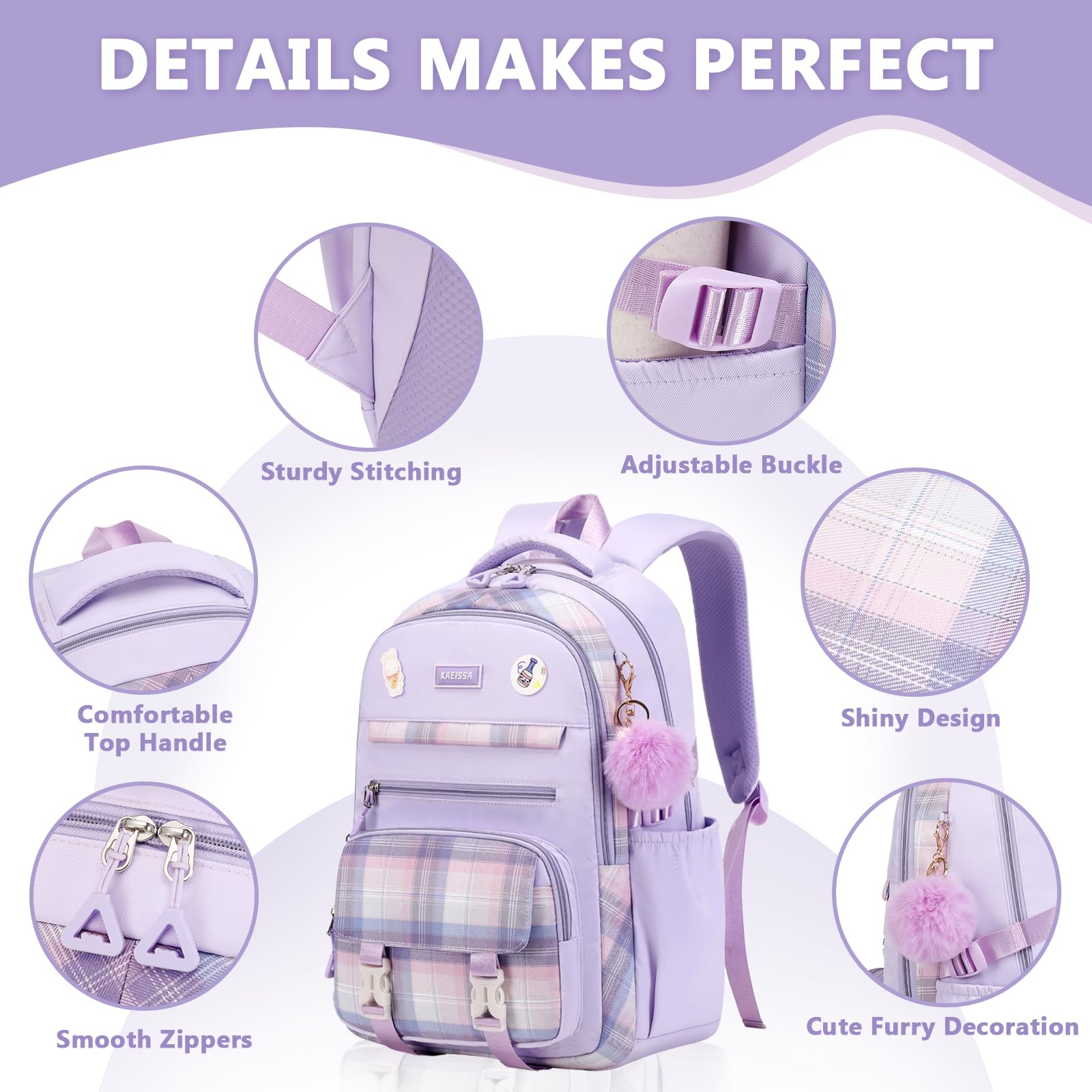 Girls Backpack for School, Kawaii Bookbag for Teen Multiple Pockets Kids Backpack for Primary Elementary Middle School, Age 6-14,Purple