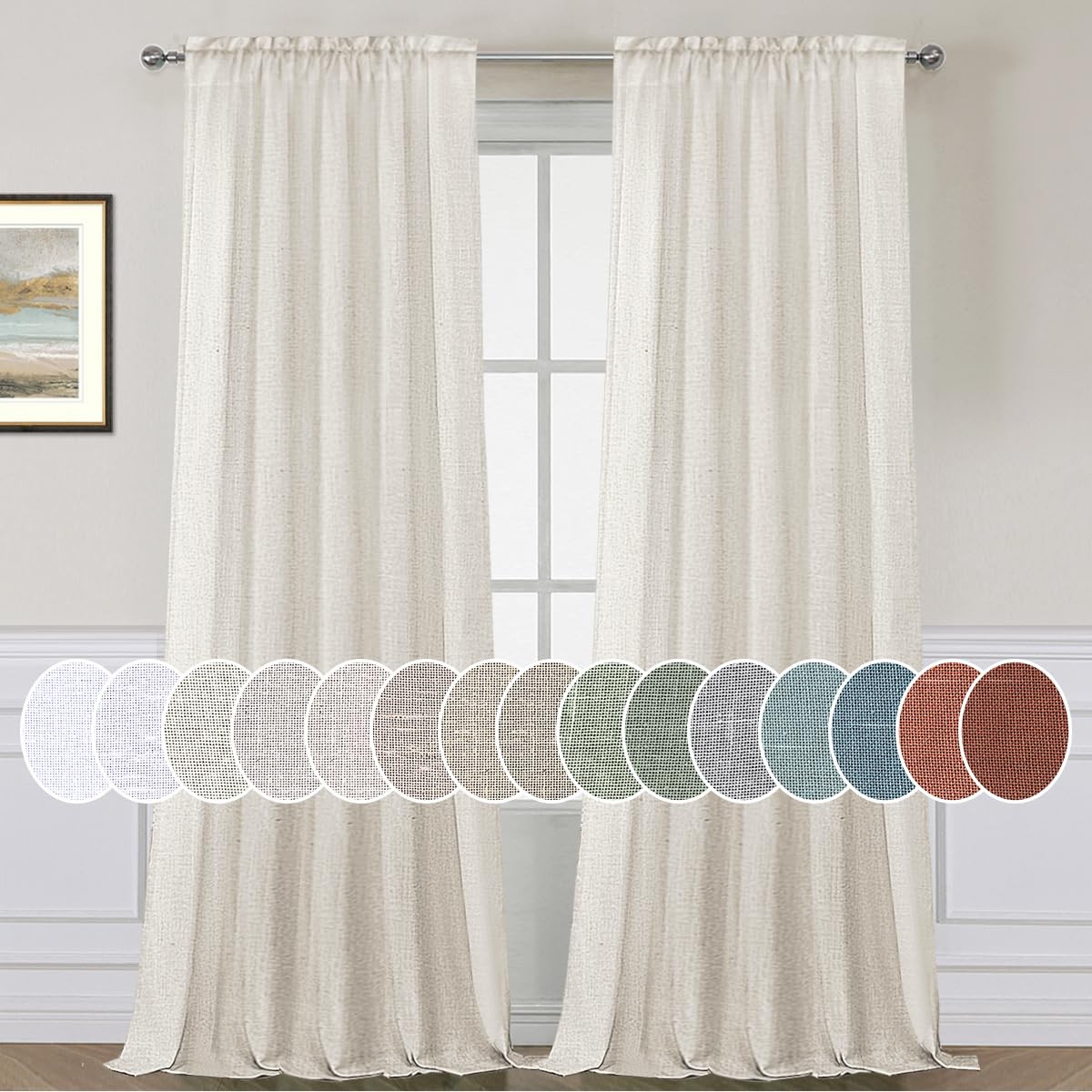 Photo 1 of H.VERSAILTEX Natural Linen Rod Pocket Curtains 84 Inch Length for Living Room 2 Panel Pocket Drape Semi Sheer Neutral Country Rustic Farmhouse Boho Curtain Bedroom Light Filtering, Heathered Natural