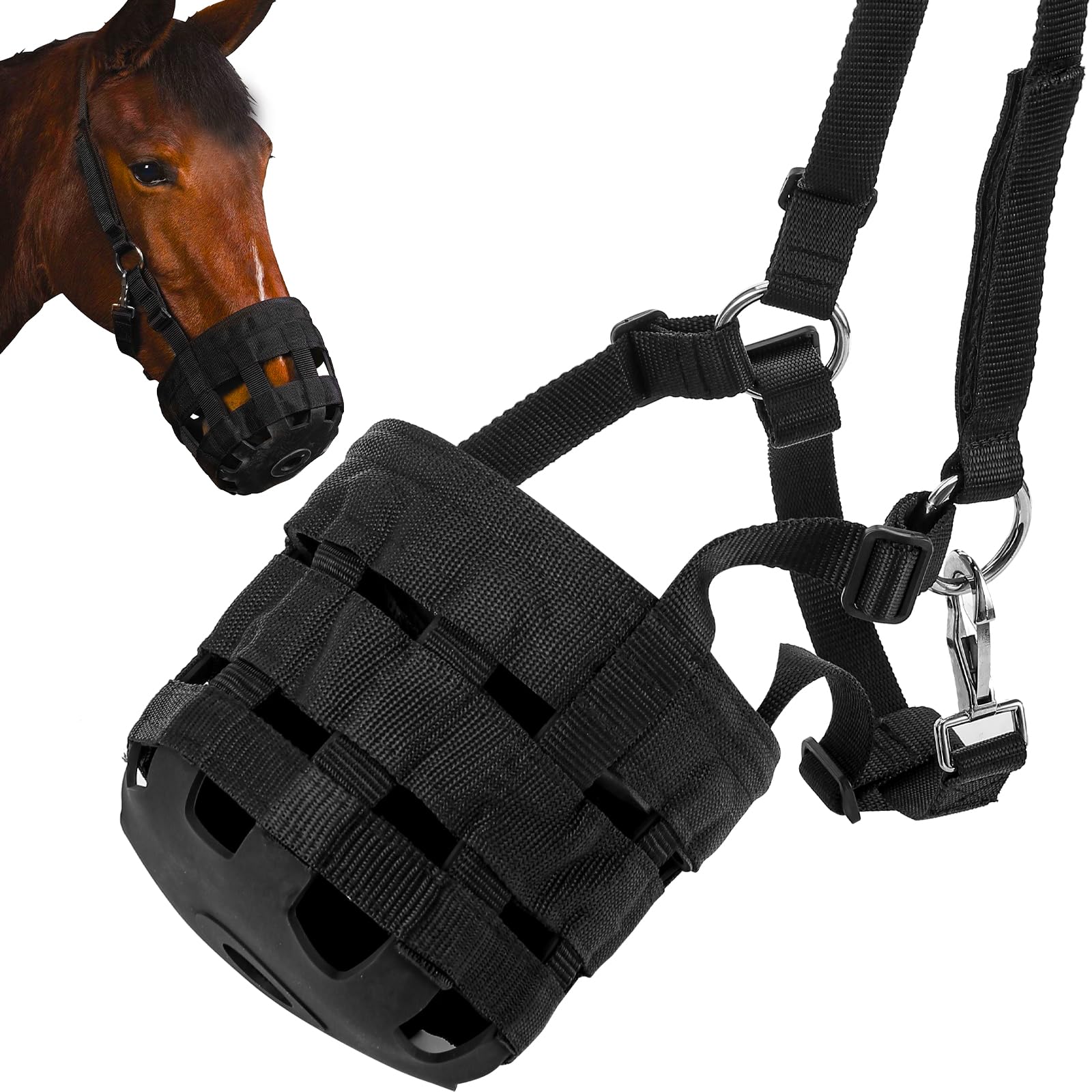 Photo 1 of IKILEOGY Durable Ventilated Grazing Muzzle with Attached Breakaway Halter - Lightweight Horse Muzzle, Supports Natural Grazing, Restricts Food Intake, Padded Noseband, Cob Size