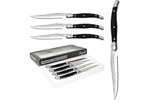 JS Gourmet Steak Knives Set of 4, Forged Stainless Steel, Serrated Blade Edge, Laguiole French Steak Knives with Crafted Blac