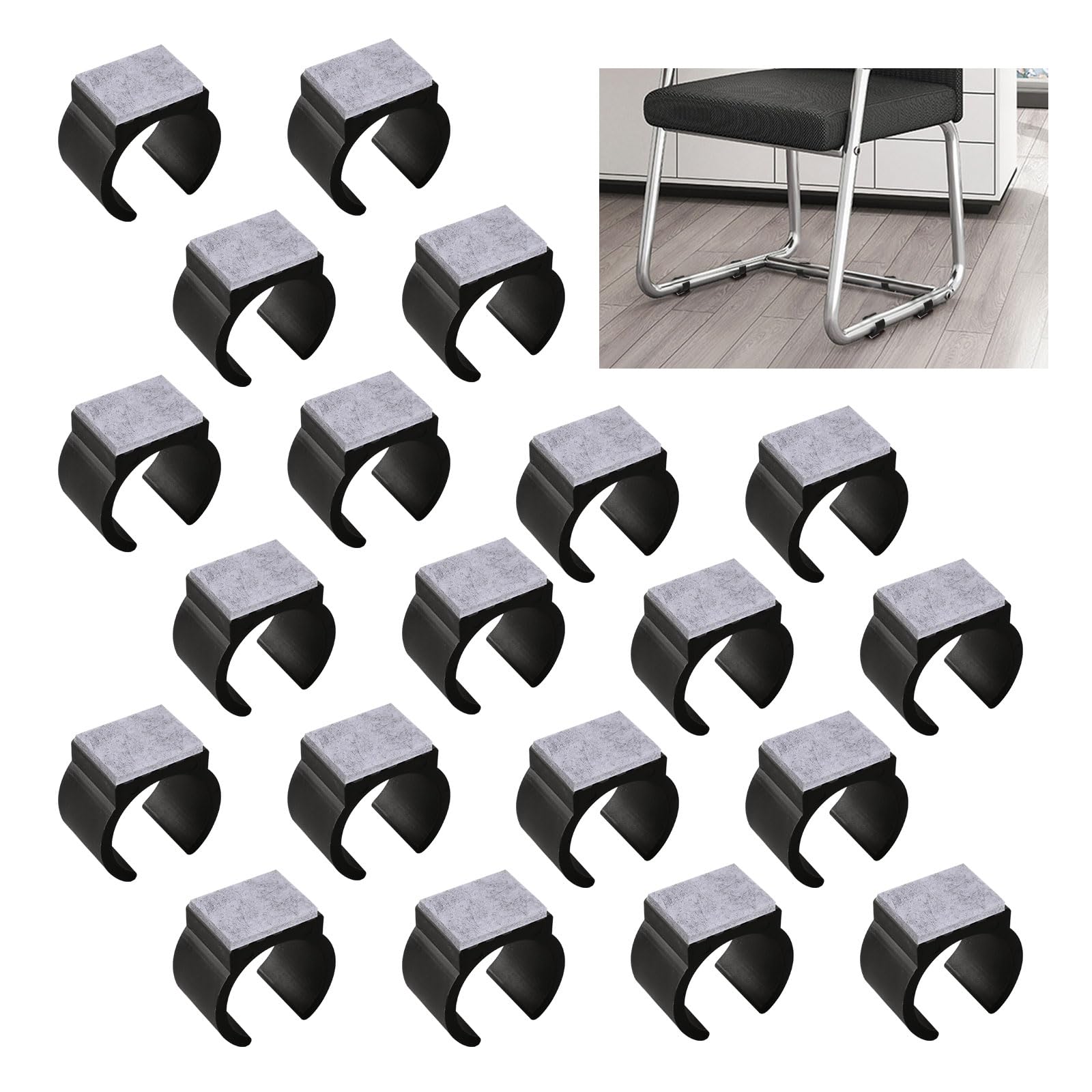 UFURMATE Chair Pads, 20Pcs 35mm Plastic Leg Floor Protectors with Felt U Shaped Tube Non-Slip Rectangle Legs Tips Caps for Round Sled Base (Black), UF-HA1490-G-FBA