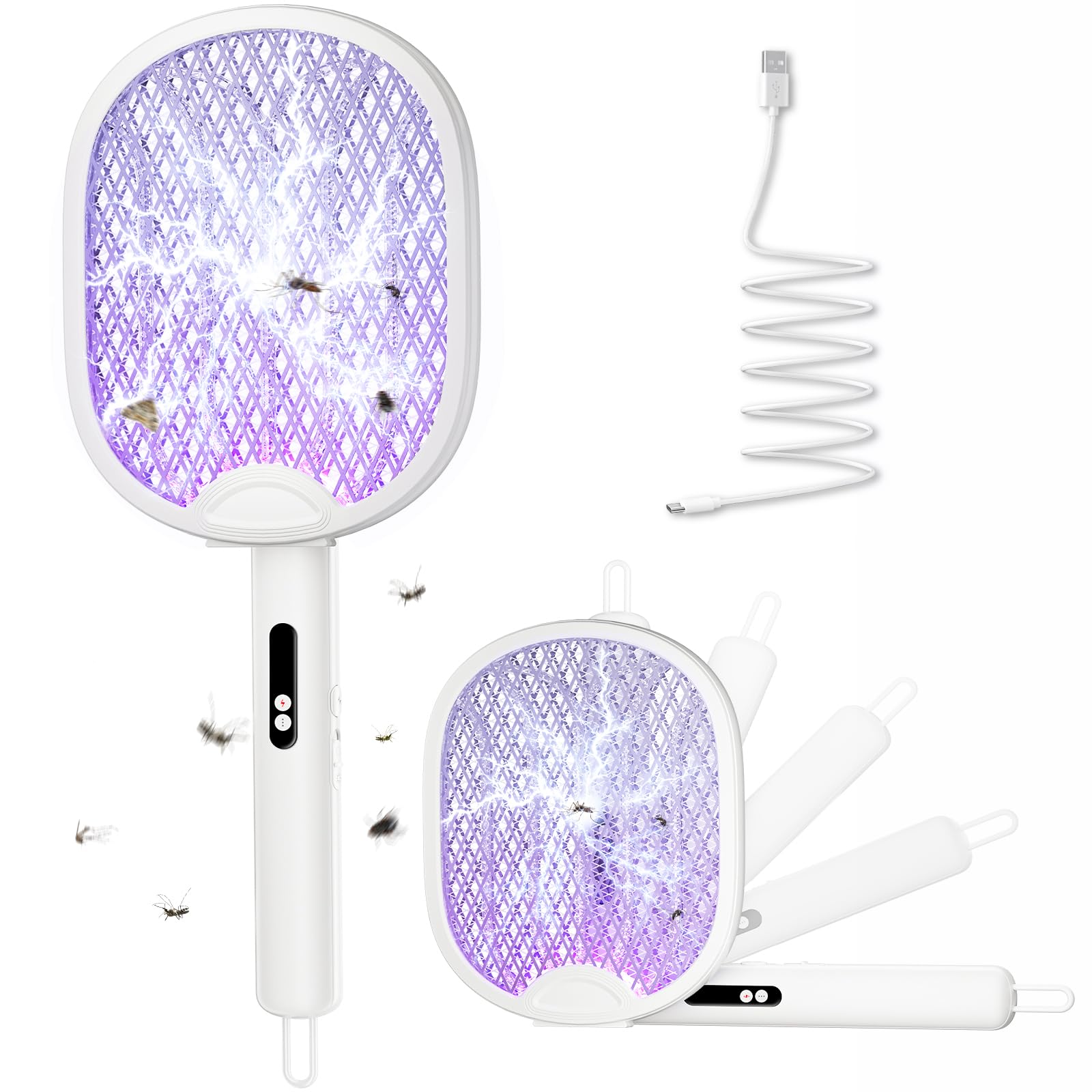 Photo 1 of WOCVRYY Electric Fly Swatter Foldable Bug Zapper Racket with 4000V 1800mAh Rechargeable Battery 5-Layer Safety Mesh Dual Modes with Mosquito Light Suitable for Indoor or Outdoor Use (White)