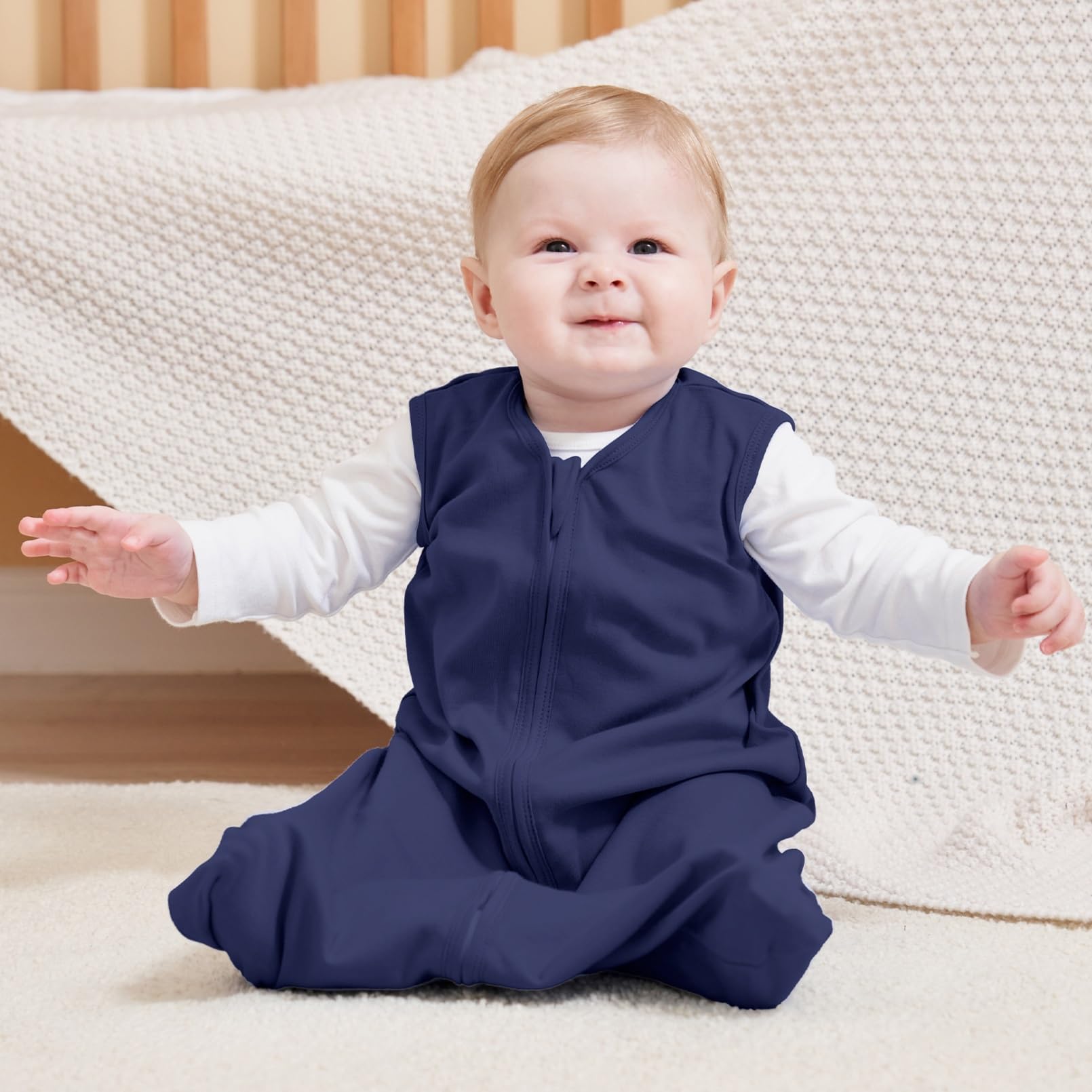 FIEMOL Baby Sleep Sack 6-12 Months, 100% Cotton Sleeping Sack for Newborn and Infant, 3 Pack Baby Wearable Blanket, 0.5 Tog Lightweight Double Zipper Sleep Bag Cyan