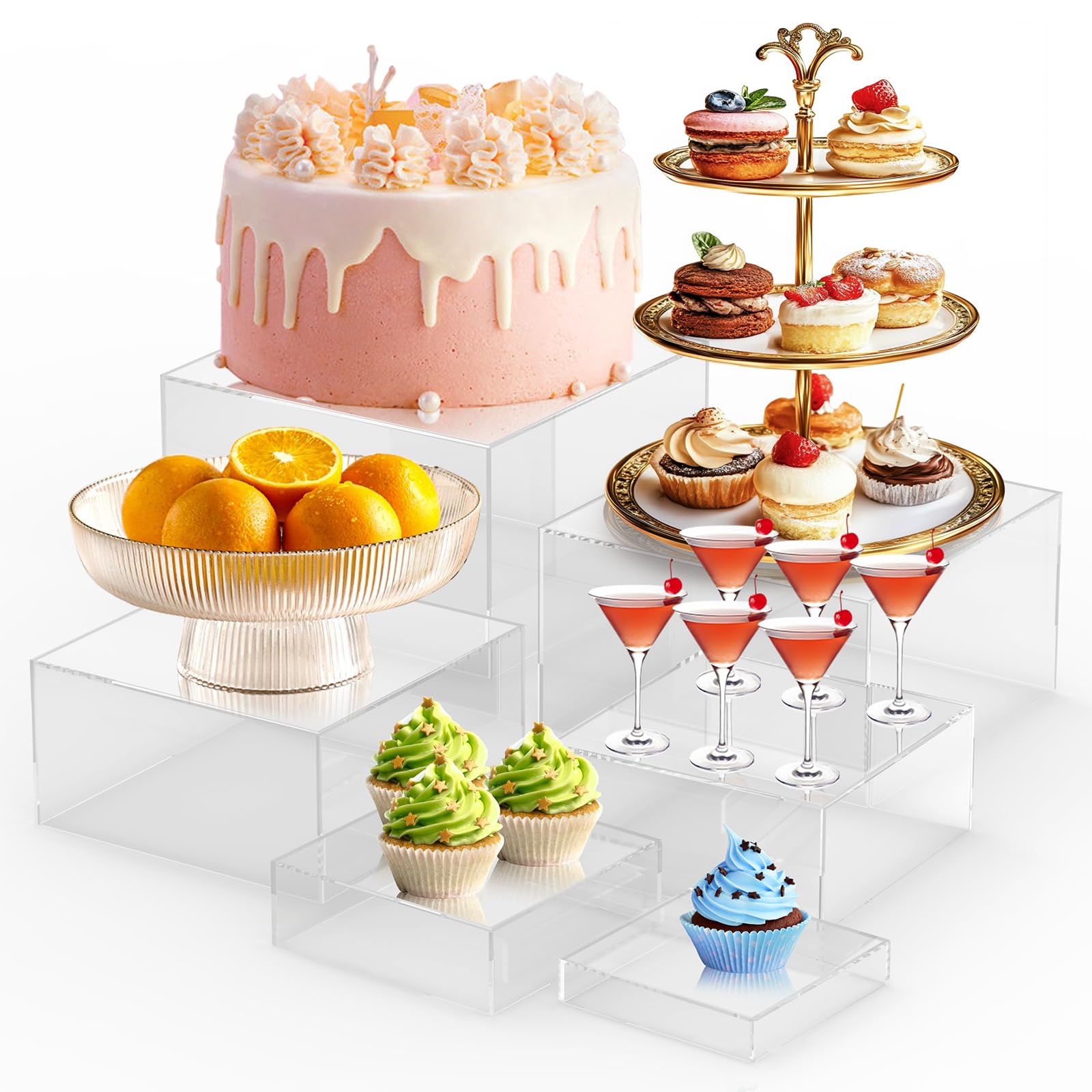 Photo 1 of Ngdiluxury 6Pcs Buffet Risers,Food Risers for Buffet Table Display Stand Shelf for Party Catering Desset Jewelry Collectibles Acrylic Cube Boxes Display Nesting Risers with Hollow Bottoms Clear