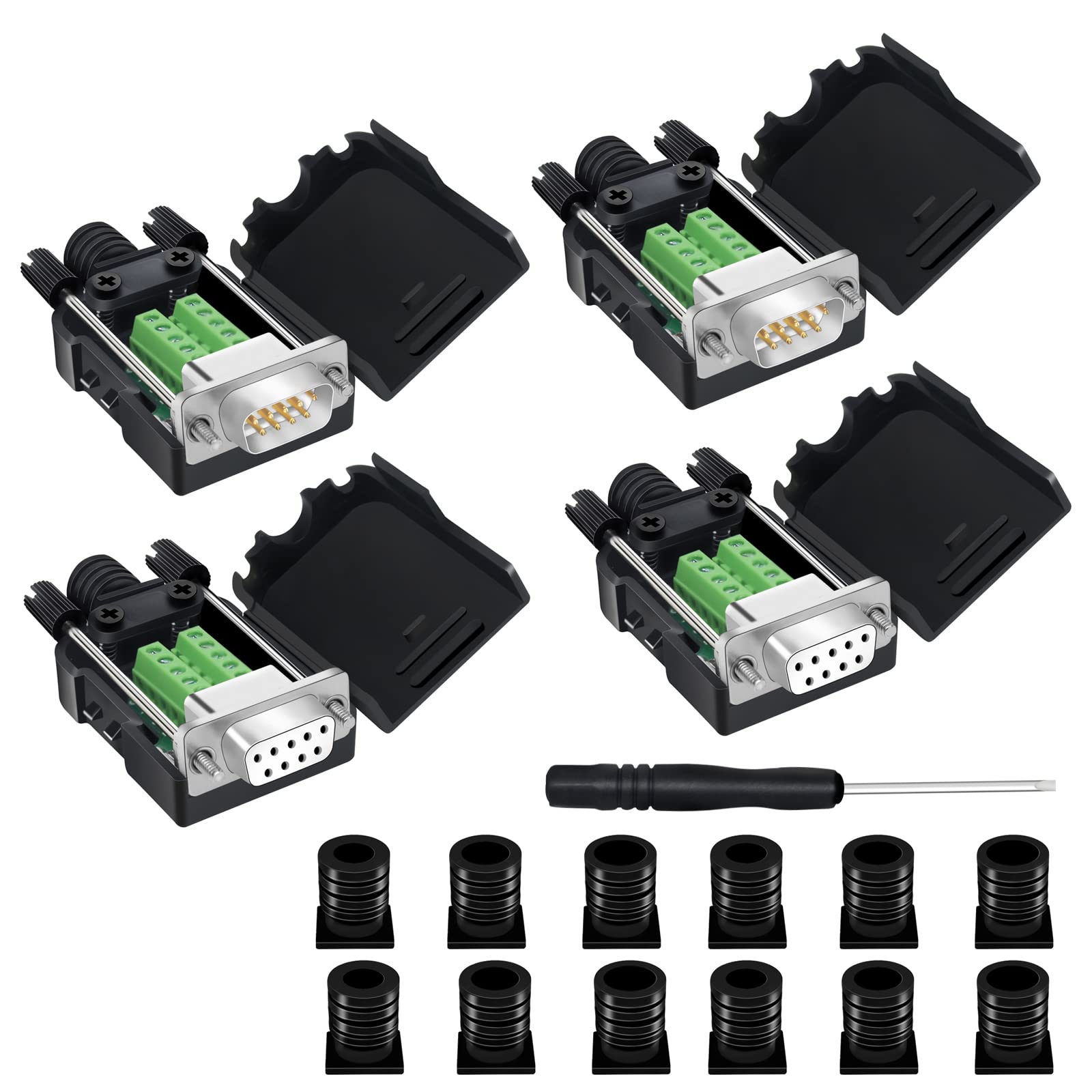 YIOVVOM DB9 Breakout Connector,DB9 Solderless RS232 D-SUB Male and Female Serial Adapters 9-Pin Port White Adapter to Terminal Connector Signal Module with case Set of 4