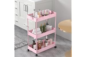 SPACELEAD 3 Tier Rolling Cart with Wheels, Storage Craft Art Trolley Organizer Serving, 3 Hanging Baskets Easy Assembly, for Office, Living Room, Kitchen, Pink