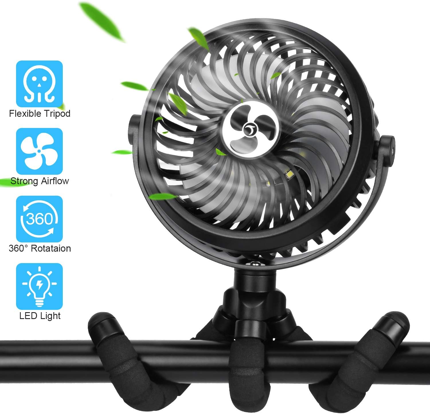 TAECCL Stroller Fan Mini Portable Fan USB Rechargeable Battery Operated Fan Long Working Handheld Fan with 3 Speeds & LED Light Camping Fan for Stroller Car Seat Crib Bike Tent Treadmill Travel