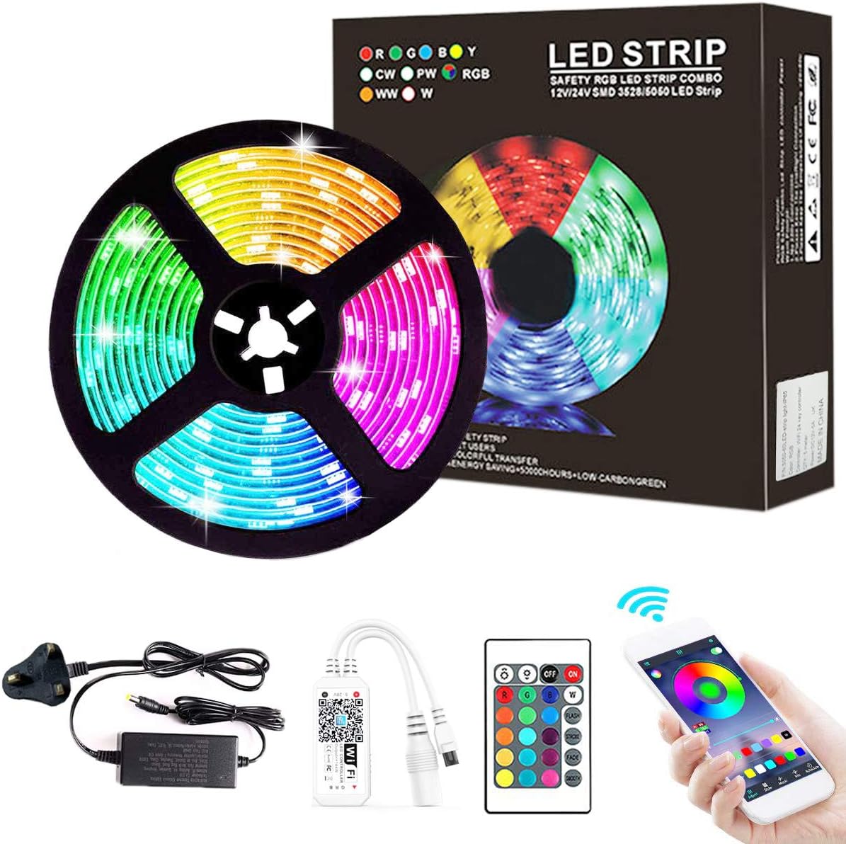 Smart LED Strip Lights 5M, Upworld Bluetooth Music Sync 300 LEDs RGB 5050 Waterproof Lighting Strip, App and Remote Control, Decoration Lights for Home, Kitchen, Party, Christmas [UK Plug]