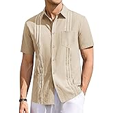 Runcati Mens Linen Shirt Guayabera Cuban Short Sleeve Button Down Summer Beach Hippie Shirts