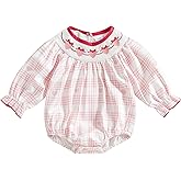 Lullnaxe Baby Girl Valentines Day Outfit Heart Embroidery Long Sleeve Smocked Romper Cute Doll Collar Plaid Bodysuit