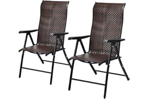 Tangkula 2 Piece Patio Rattan Folding Reclining Chair, Outdoor Wicker Portable Camping Chair with Widened Armrest, Foldable Chair with Adjustable High Backrest for Garden Balcony Outdoor & Indoor (2)