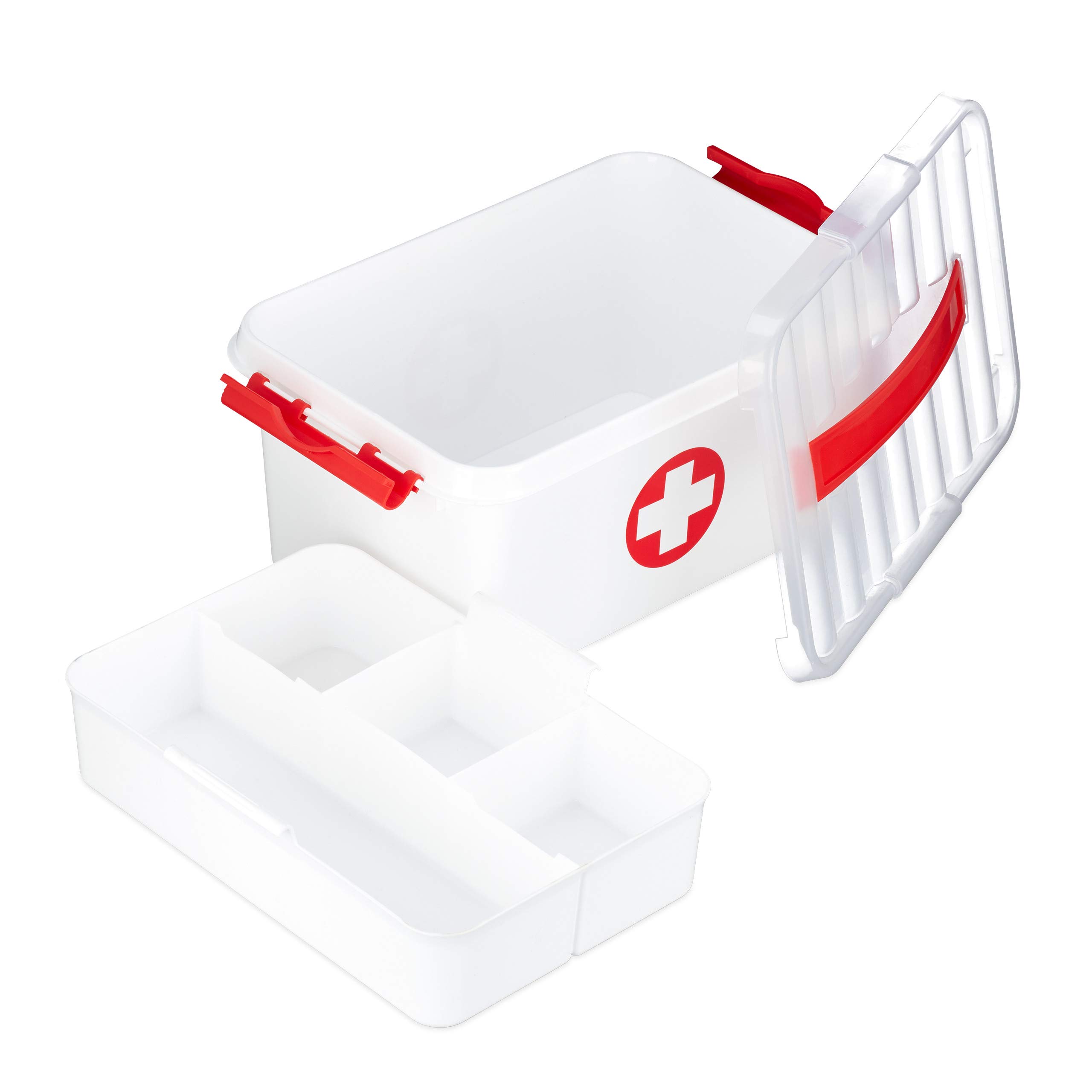 Relaxdays First Aid Box, Shelves, Medical Case to Keep Medications Safe, Plastic, HWD: 14.5 x 30 x 21 cm, White