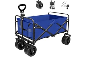 SZHLUX Collapsible Foldable Wagon with Big Wheels for Sand, Utility Grocery Wagon with Side Pocket and Brakes for Camping, Sports, Outdoor Activities