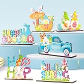 6 Pcs Easter Bunny &amp; Gnome Tabletop Decorations, Wooden Happy Easter Egg Truck Signs, Rustic Spring Table Centerpiece for Tiered Tray, Home Indoor Spring &amp; Easter Party Decor