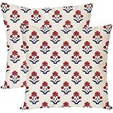 PANDICORN Block Print Throw Pillow Covers 18x18 Inch Set of 2 Red and Blue Vintage Boho Floral Outdoor Decorations Decorative Throw Pillows Cases Cushion Covers for Home Living Room Couch Decor