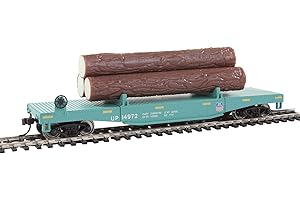 Walthers Trainline HO Scale Model Log Dump Car with 3 Logs - Union Pacific #14972 (Mow Scheme, Green, Yellow Conspicuity Mark