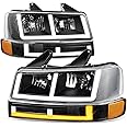 Auto Dynasty Headlights Assembly and Bumper Lamps Compatible with 2003-2024 Chevy Express GMC Savana 1500-4500, with Switchback E-LED DRL Running lights, Driver and Passenger Side, Black Housing