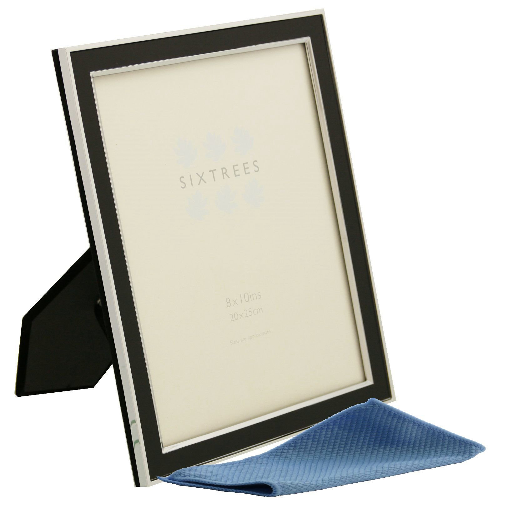 Sixtrees Abbey Black 2-101-80 Polished Silver photo frame with lacquered gloss black metal insert for a 10 x 8 inch photo. Complete with our microfibre polishing cloth.