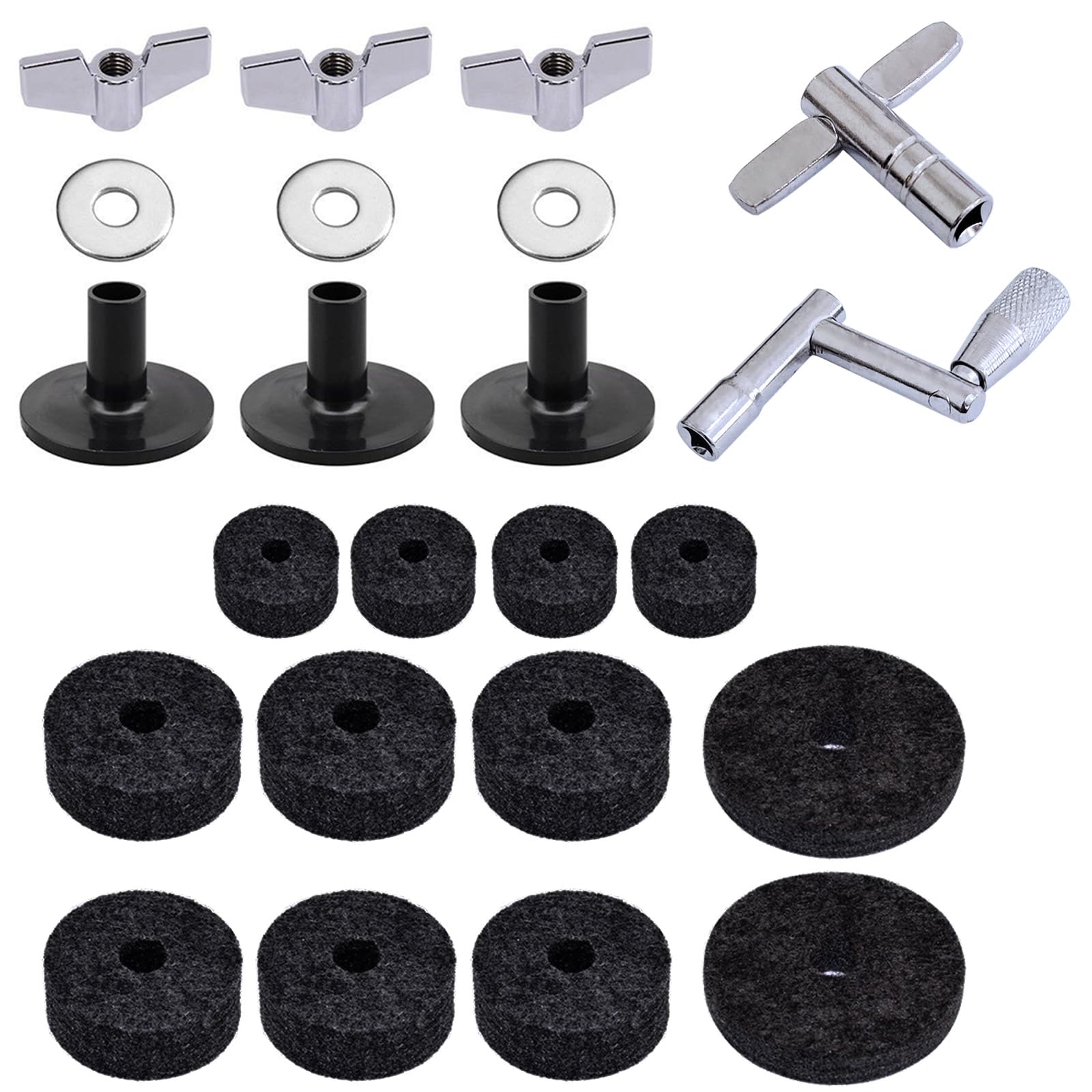 23Pcs Cymbal Replacement Accessories, Cymbal Stand Tubes, Drum Cymbal EVA Pads Include Wing Nuts, Washers, Cymbal Sleeves & Drum Key EVA Material (Black)