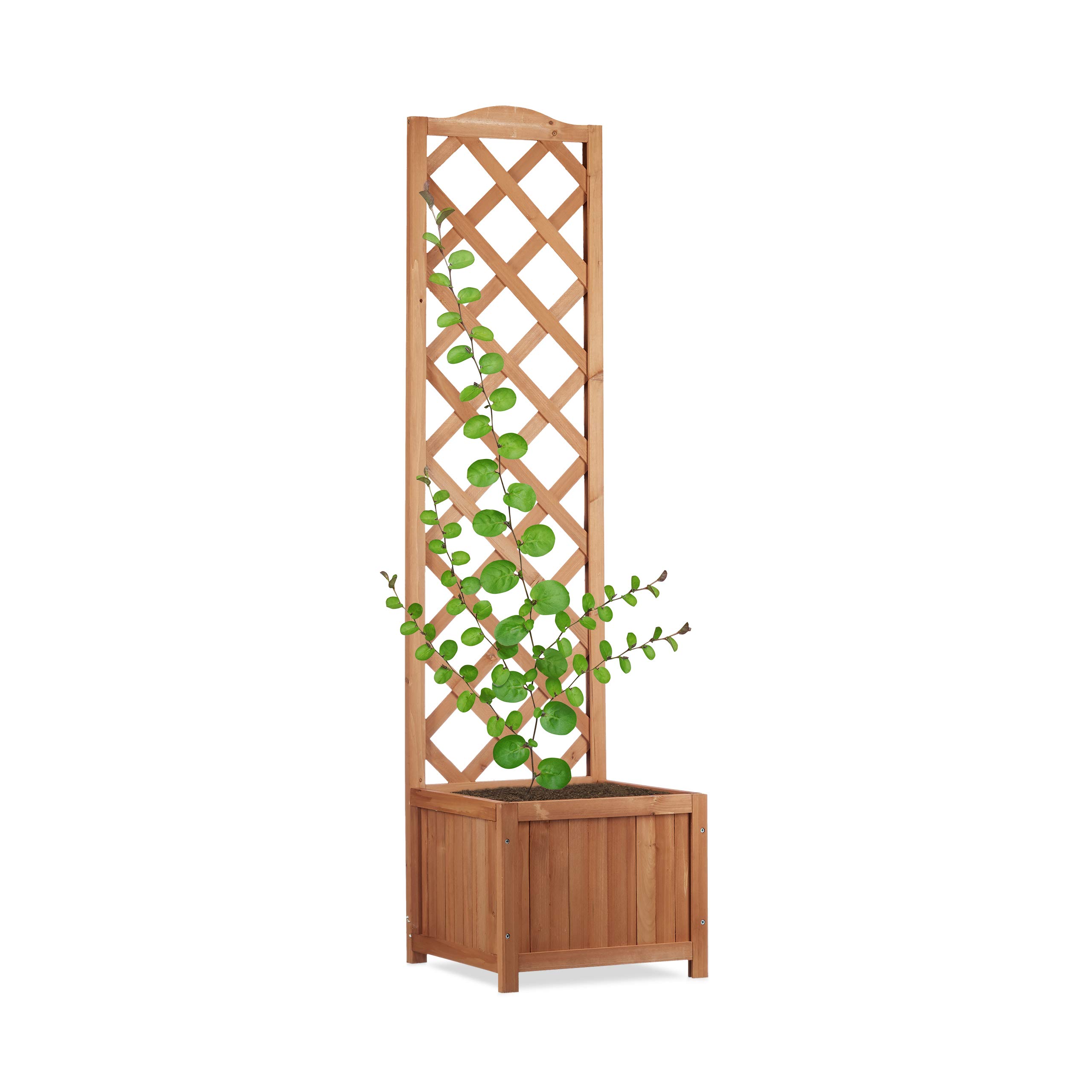Relaxdays Wooden Planter Box with Trellis, Flowerpot with Lattice, Freestanding, Weatherproof, Natural, 25 L