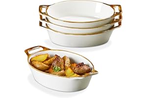 ONEMORE Au Gratin Baking Dish, 20 oz Individual Casserole Dishes Oven Safe 6x8 Oval Ceramic Small Baking Dish with Handles for Pies & Meals, Set of 4 Brown Rim Gratin Dish for Cooking & Small Serving