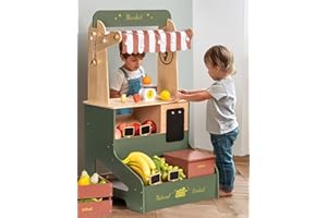 ROBUD Pretend Play Grocery Store with Lights, Supermarket Playset for Kids, Interactive Wooden Play Market Stand, Gift for 3+