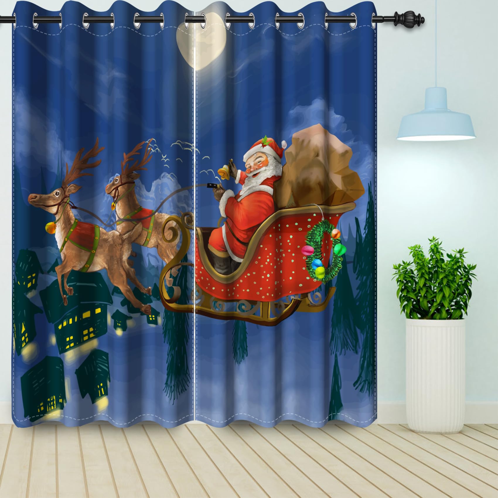 Bovlleetd Christmas Window Curtains Santa Claus Reindeer Xmas Eve Blue Thermal Insulated Blackout Decor for Bedroom Moon Night Cabinet Drapes 117x138cm 2 Pieces — image 1