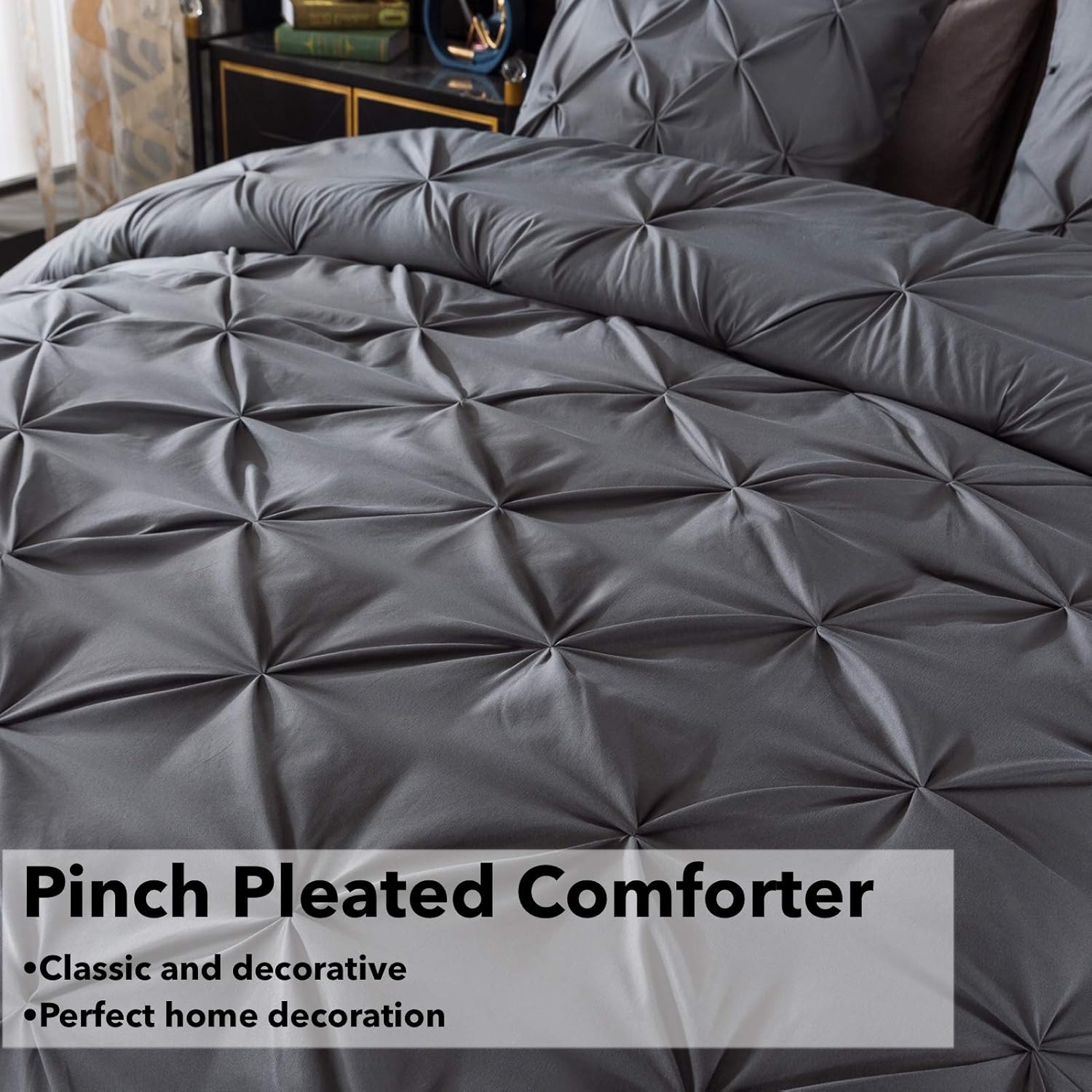 Andency Dark Gray Pinch Pleat Comforter Queen(90x90Inch), 3 Piece(1 Pintuck Comforter and 2 Pillowcases) Grey Pintuck Microfiber Down Alternative Comforter Bedding Set: Kitchen & Dining