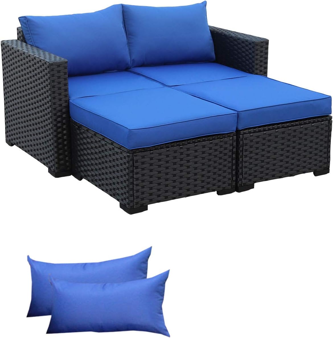 3-Piece Patio PE Rattan Conversation Furniture Set Outdoor PE Wicker Sectional Loveseat and Ottoman Sofa Set, Royal Blue Cushion/Black Wicker