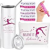 Junkin 3 Pcs Gymnastics Gifts for Women Include Stainless Steel Tumbler with Straw Makeup Bag Elastics Hair Ties for Gymnastics Lover(Pink)