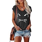BLACKOO Women's Cat Face Graphic V-Neck T-Shirt Cap Sleeve Tops