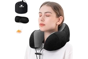 urnexttour Travel Pillow for Airplane Memory Foam Neck Pillow, Soft & Support Travel Pillow for Travelling with Eye Mask, Earplugs and Storage Bag, Sleeping Rest, Car, Train and Home Use Fleece, Black